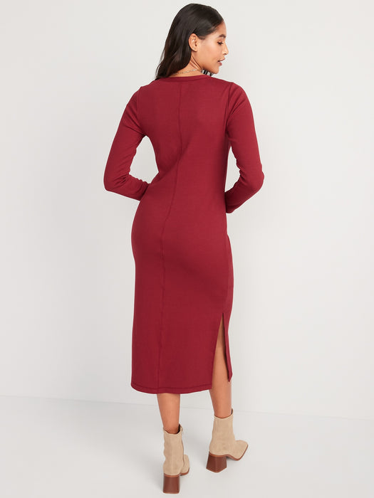 Fitted Long-Sleeve Rib-Knit Henley Midi Dress for Women