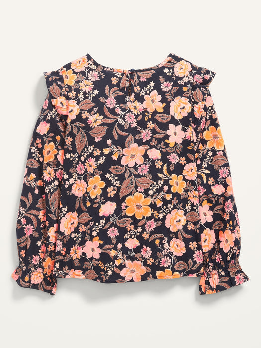 Smocked-Ruffle Long-Sleeve Floral-Print Top for Girls