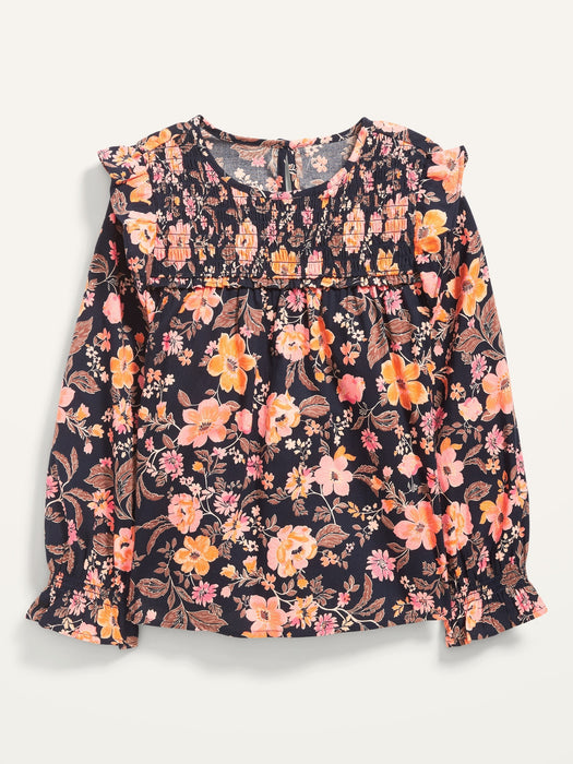 Smocked-Ruffle Long-Sleeve Floral-Print Top for Girls