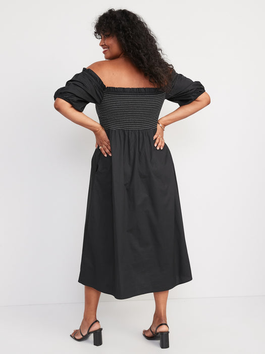 Fit & Flare Off-The-Shoulder Puff-Sleeve Smocked Cotton-Poplin Midi Dress for Women
