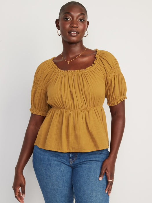Puff-Sleeve Shirred Babydoll Blouse for Women - Yellow