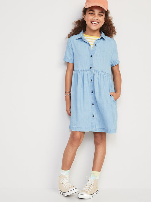 Short-Sleeve Chambray Shirt Dress for Girls