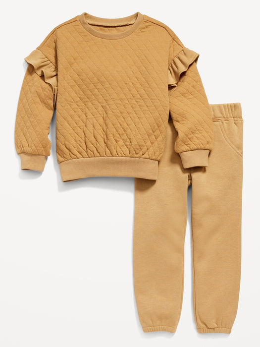 Quilted Ruffle-Trim Sweatshirt and Jogger Sweatpants Set for Toddler Girls - Multi