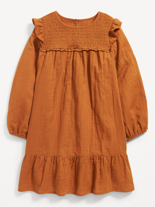 Long-Sleeve Ruffle-Trim Smocked Swing Dress for Girls