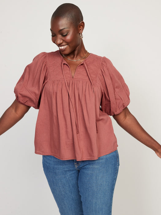 Puff-Sleeve Split-Neck Quilted Swing Blouse for Women