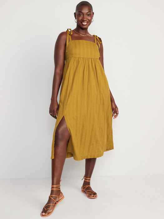 Tie-Shoulder Dobby Midi Babydoll Swing Dress for Women