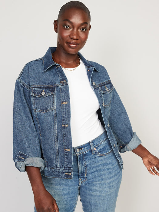 Tapered Puff-Sleeve Non-Stretch Jean Jacket for Women