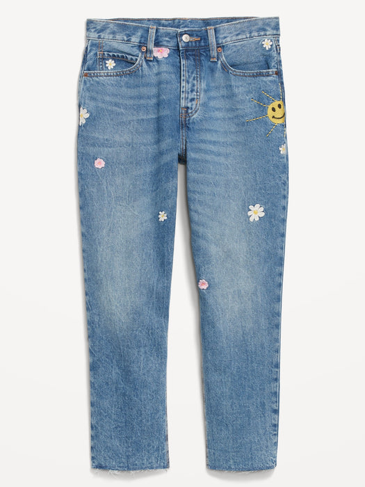 High-Waisted Button-Fly Slouchy Straight Embroidered Non-Stretch Cut-Off Jeans for Women - Blue