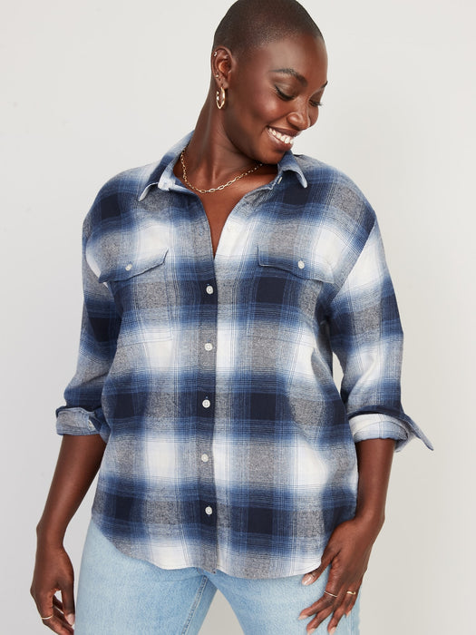 Long-Sleeve Plaid Flannel Boyfriend Tunic Shirt for Women