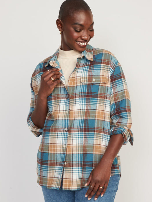 Long-Sleeve Plaid Flannel Boyfriend Tunic Shirt for Women