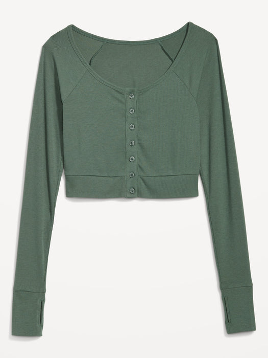 Long-Sleeve UltraLite Rib-Knit Ultra-Cropped Cardigan Top for Women - Green