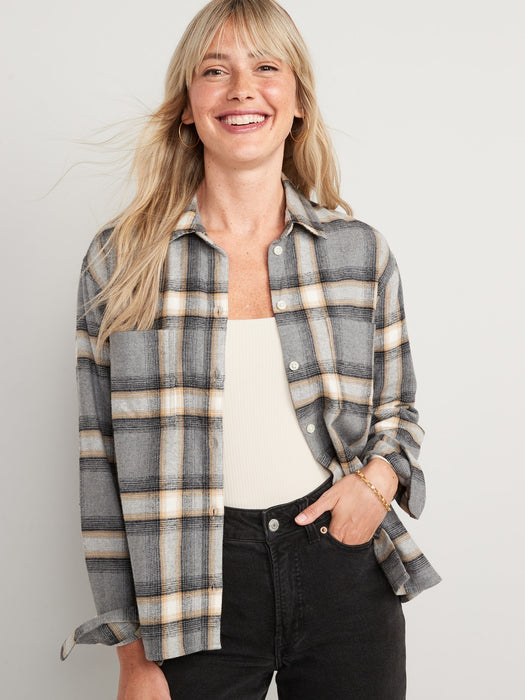 Cropped Plaid Flannel Boyfriend Shirt for Women - Multi