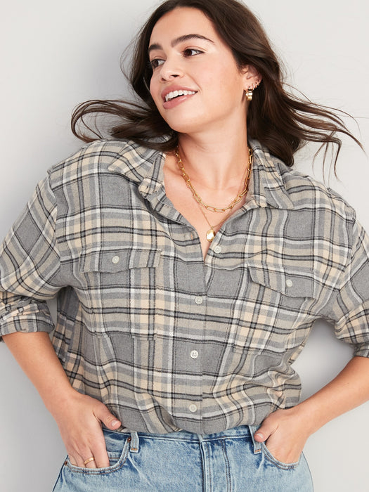 Long-Sleeve Plaid Flannel Boyfriend Tunic Shirt for Women