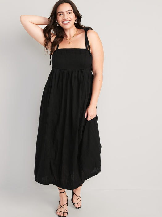 Tie-Shoulder Dobby Midi Babydoll Swing Dress for Women
