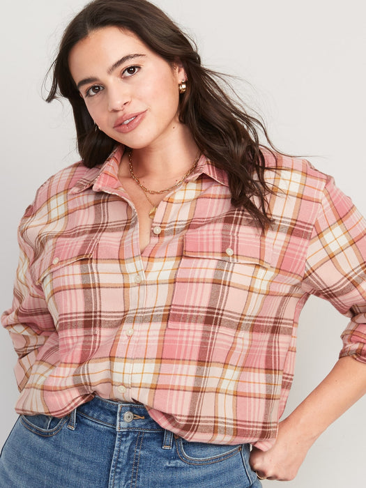 Long-Sleeve Plaid Flannel Boyfriend Tunic Shirt for Women - Multi