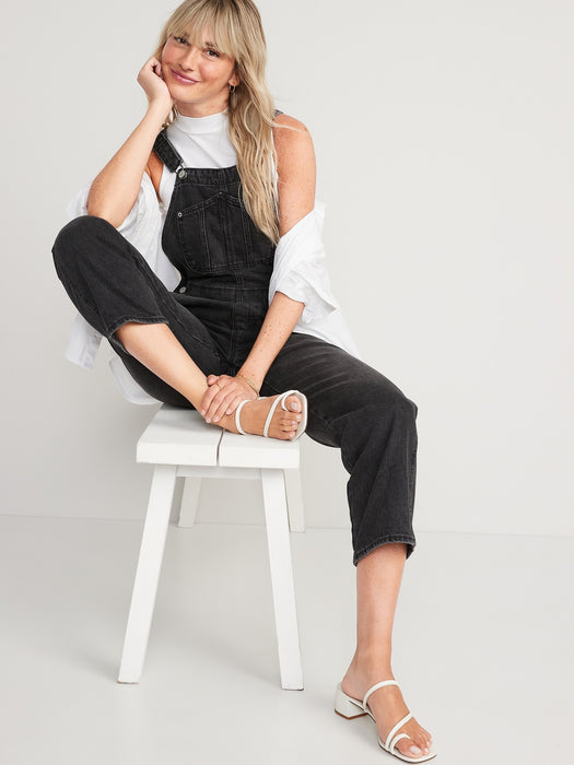 Slouchy Straight Black Workwear Non-Stretch Jean Overalls for Women
