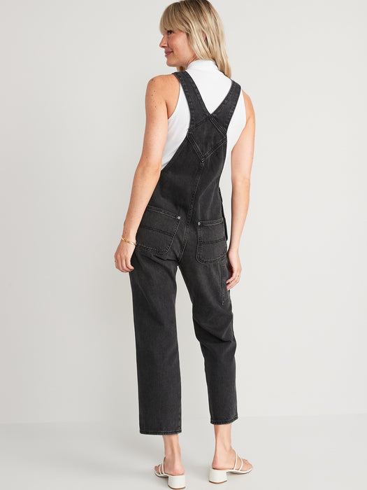 Slouchy Straight Black Workwear Non-Stretch Jean Overalls for Women