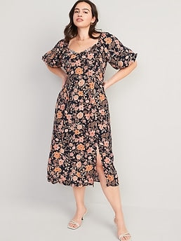 Puff-Sleeve Floral-Print Pintucked Smocked Midi Swing Dress for Women