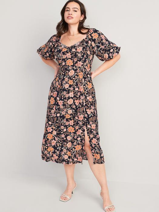 Puff-Sleeve Floral-Print Pintucked Smocked Midi Swing Dress for Women