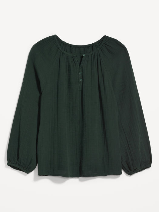 Shirred Double-Weave Long-Sleeve Blouse for Women
