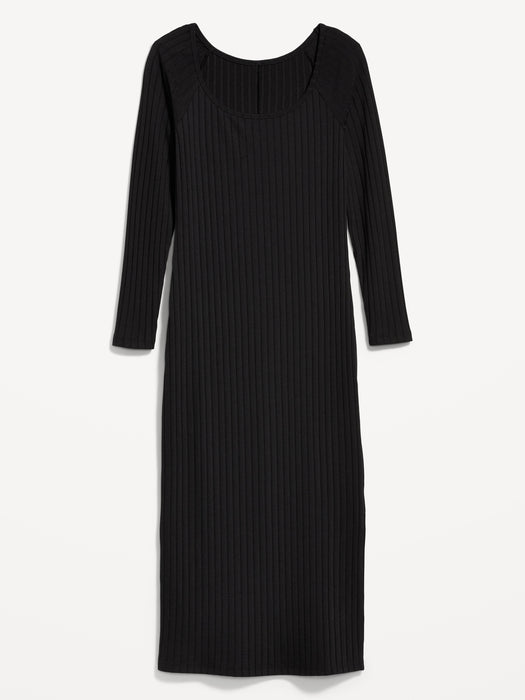 Fitted Long-Sleeve Rib-Knit Midi Dress for Women