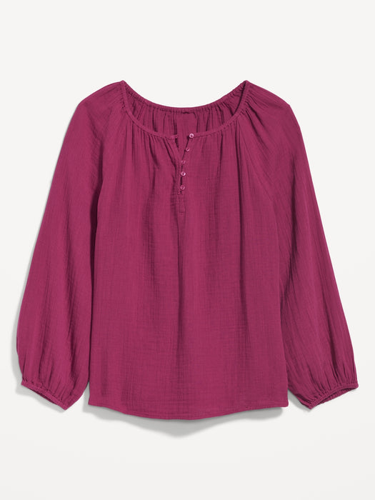 Shirred Double-Weave Long-Sleeve Blouse for Women