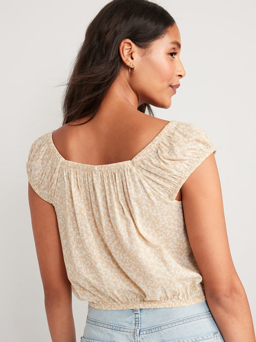Cap-Sleeve Cropped Pintucked Poet Blouse for Women - Multi