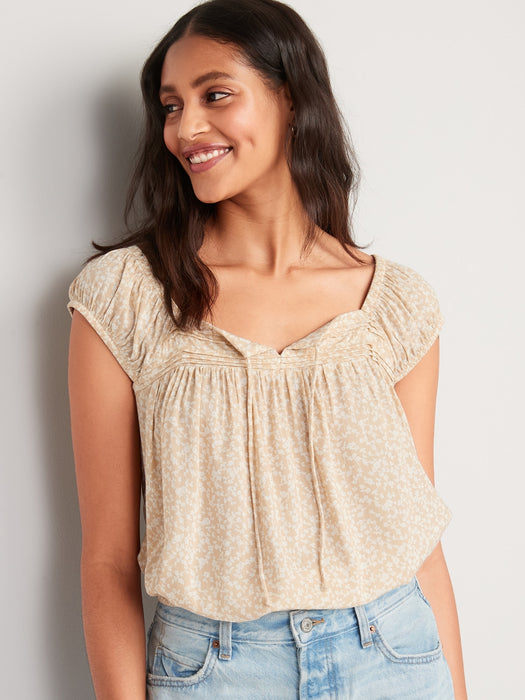 Cap-Sleeve Cropped Pintucked Poet Blouse for Women - Multi
