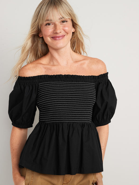 Off-The-Shoulder Smocked Babydoll Swing Blouse for Women - Black