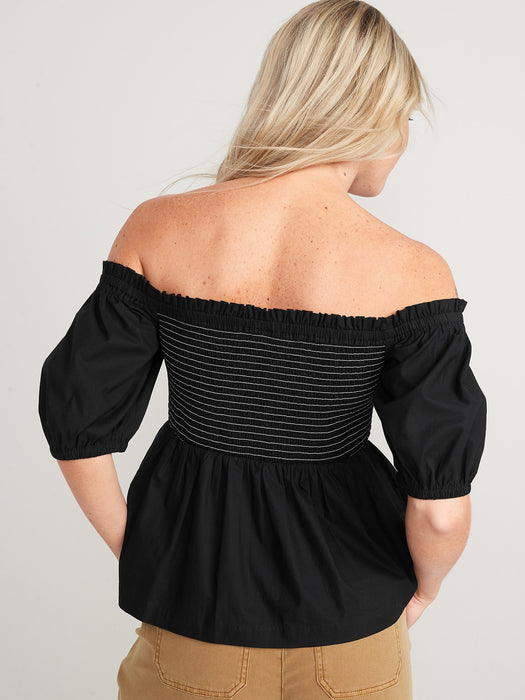 Off-The-Shoulder Smocked Babydoll Swing Blouse for Women - Black
