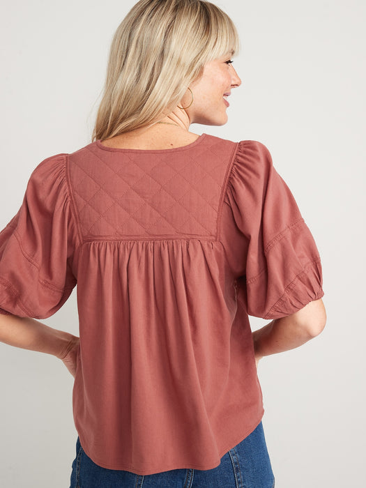 Puff-Sleeve Split-Neck Quilted Swing Blouse for Women