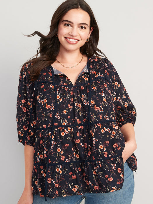 Puff-Sleeve Floral Tiered Swing Blouse for Women