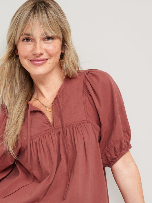 Puff-Sleeve Split-Neck Quilted Swing Blouse for Women