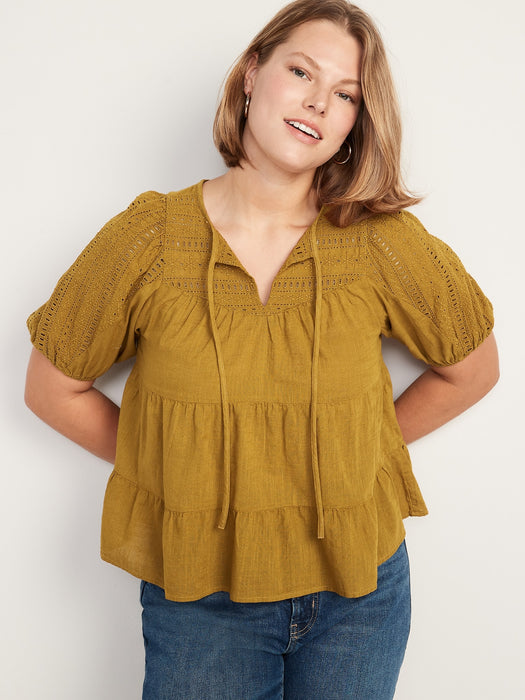 Puff-Sleeve Tiered Embroidered Swing Blouse for Women