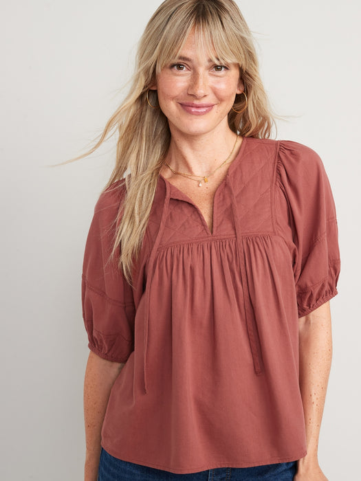 Puff-Sleeve Split-Neck Quilted Swing Blouse for Women