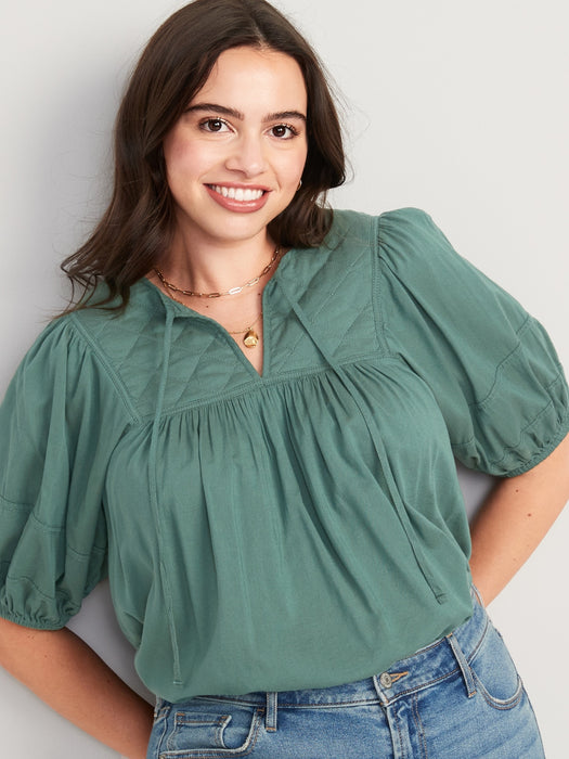 Puff-Sleeve Split-Neck Quilted Swing Blouse for Women