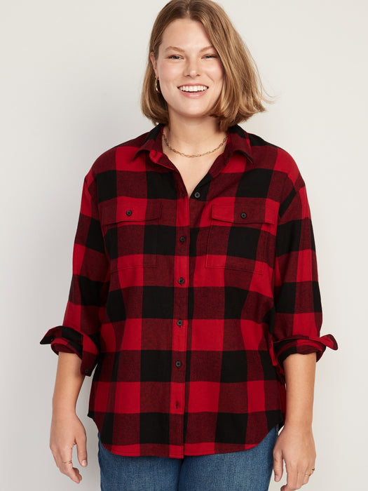 Long-Sleeve Plaid Flannel Boyfriend Tunic Shirt for Women