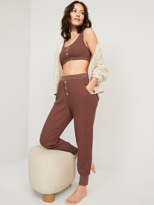 High-Waisted Waffle-Knit Pajama Jogger Pants for Women - Brown