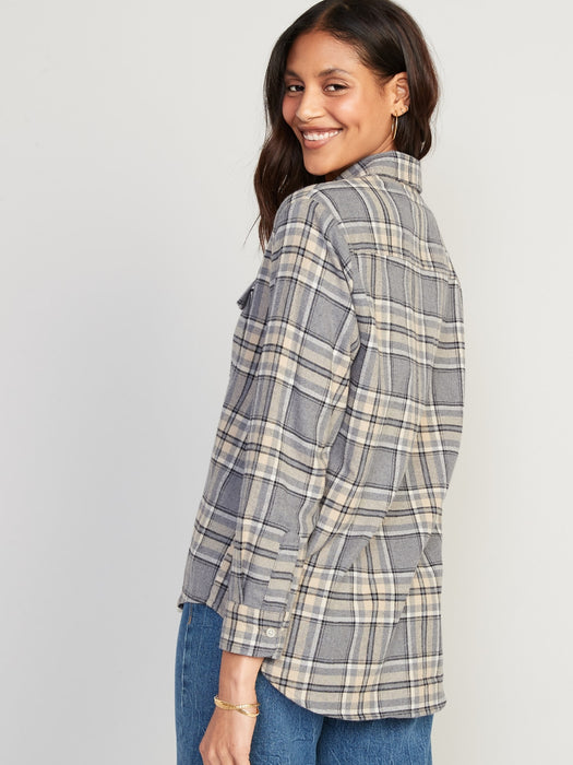 Long-Sleeve Plaid Flannel Boyfriend Tunic Shirt for Women