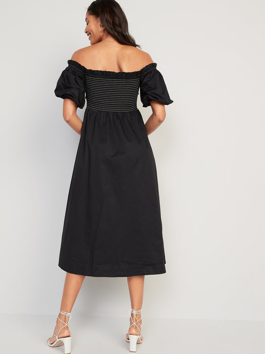 Fit & Flare Off-The-Shoulder Puff-Sleeve Smocked Cotton-Poplin Midi Dress for Women