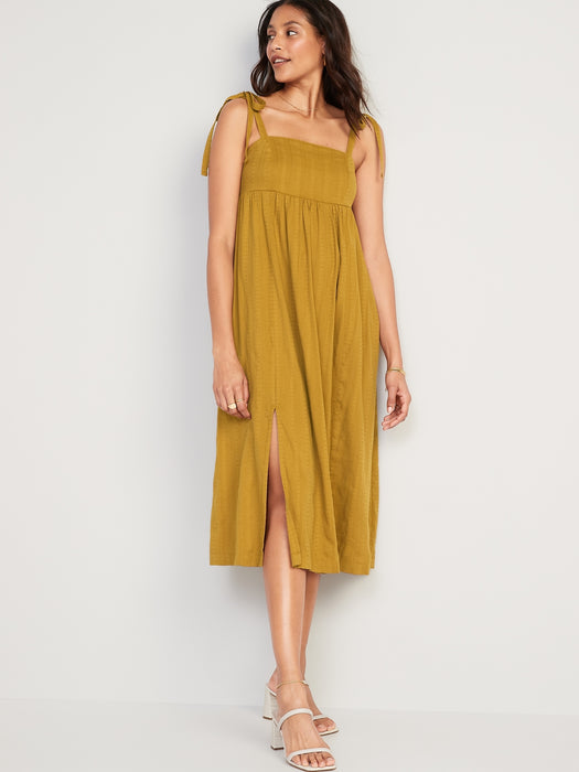 Tie-Shoulder Dobby Midi Babydoll Swing Dress for Women