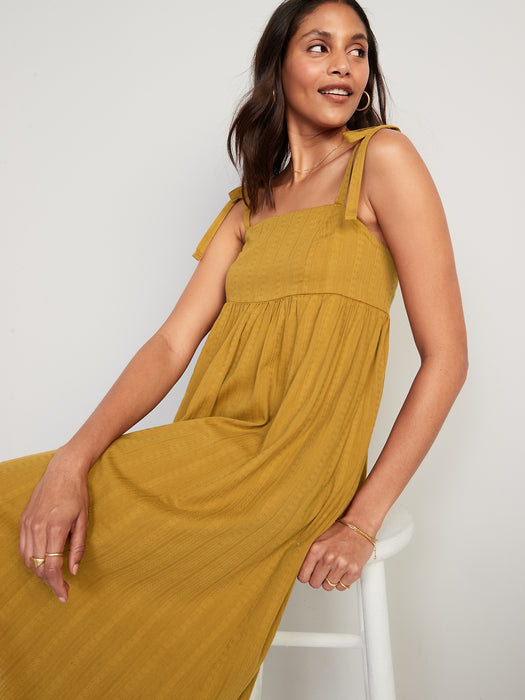 Tie-Shoulder Dobby Midi Babydoll Swing Dress for Women