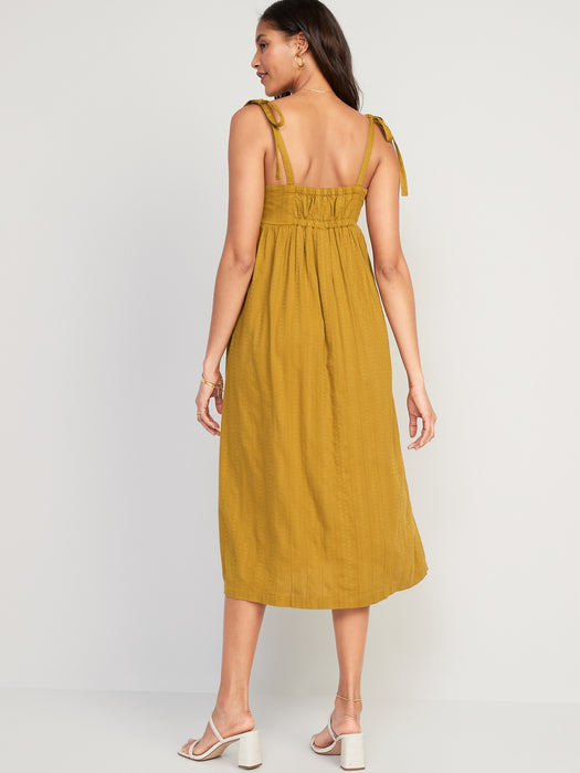 Tie-Shoulder Dobby Midi Babydoll Swing Dress for Women