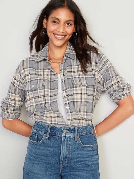Long-Sleeve Plaid Flannel Boyfriend Tunic Shirt for Women