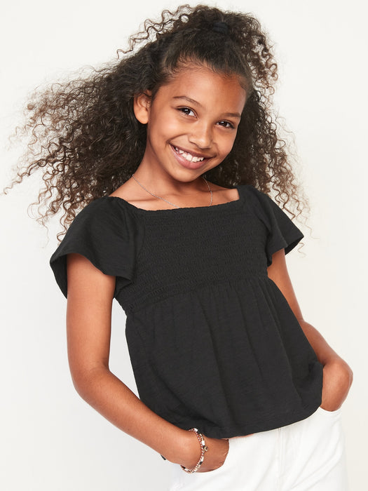 Slub-Knit Flutter-Sleeve Smocked Swing Top for Girls - Black