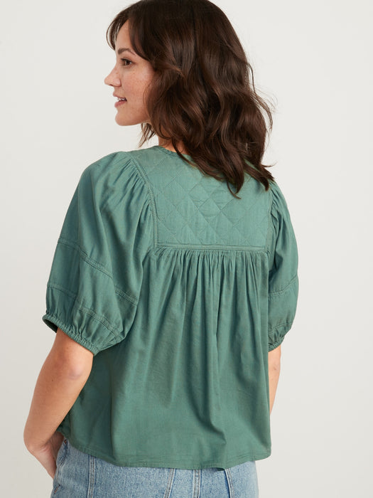 Puff-Sleeve Split-Neck Quilted Swing Blouse for Women