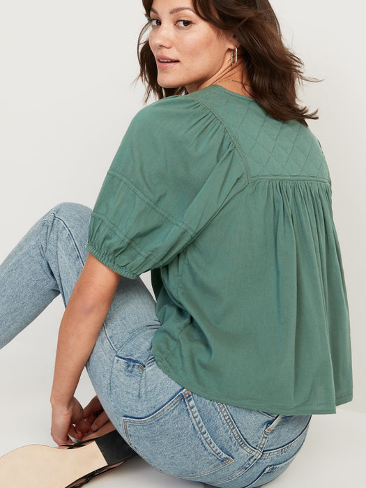 Puff-Sleeve Split-Neck Quilted Swing Blouse for Women