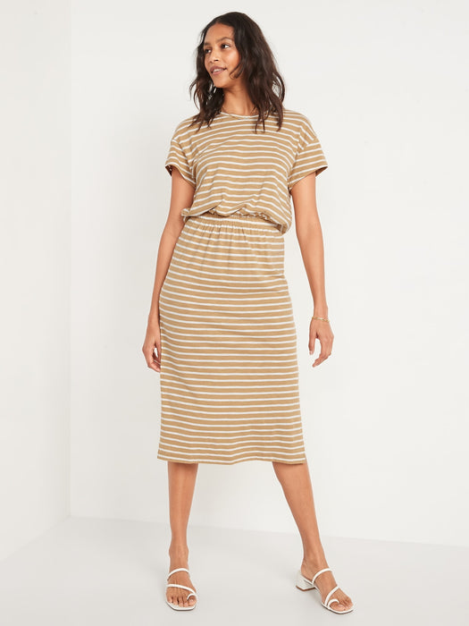 Waist-Defined Short-Sleeve Striped Cutout-Back Midi Dress for Women