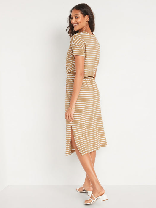 Waist-Defined Short-Sleeve Striped Cutout-Back Midi Dress for Women