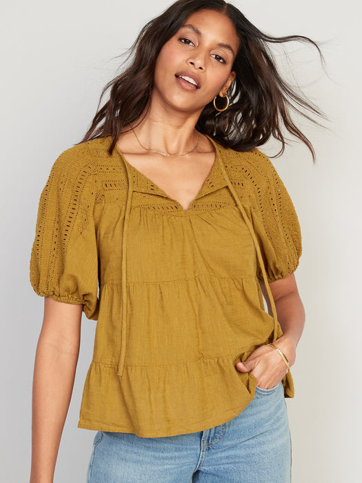 Puff-Sleeve Tiered Embroidered Swing Blouse for Women